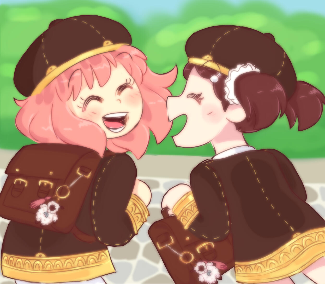 2 person halfbody, environmental bg